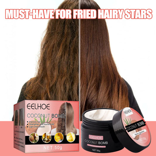 eelhoe coconut nourishing hair mask, hydrating and repairing hair mask, smoothes and repairs frizzy, dry, perm and dye damaged hair.